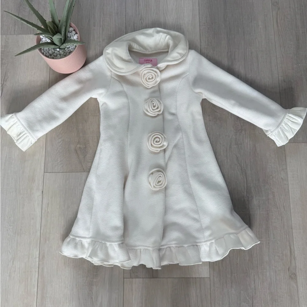Beautiful white with velvet trim girls size 2/3 pea coat with ruffles roses